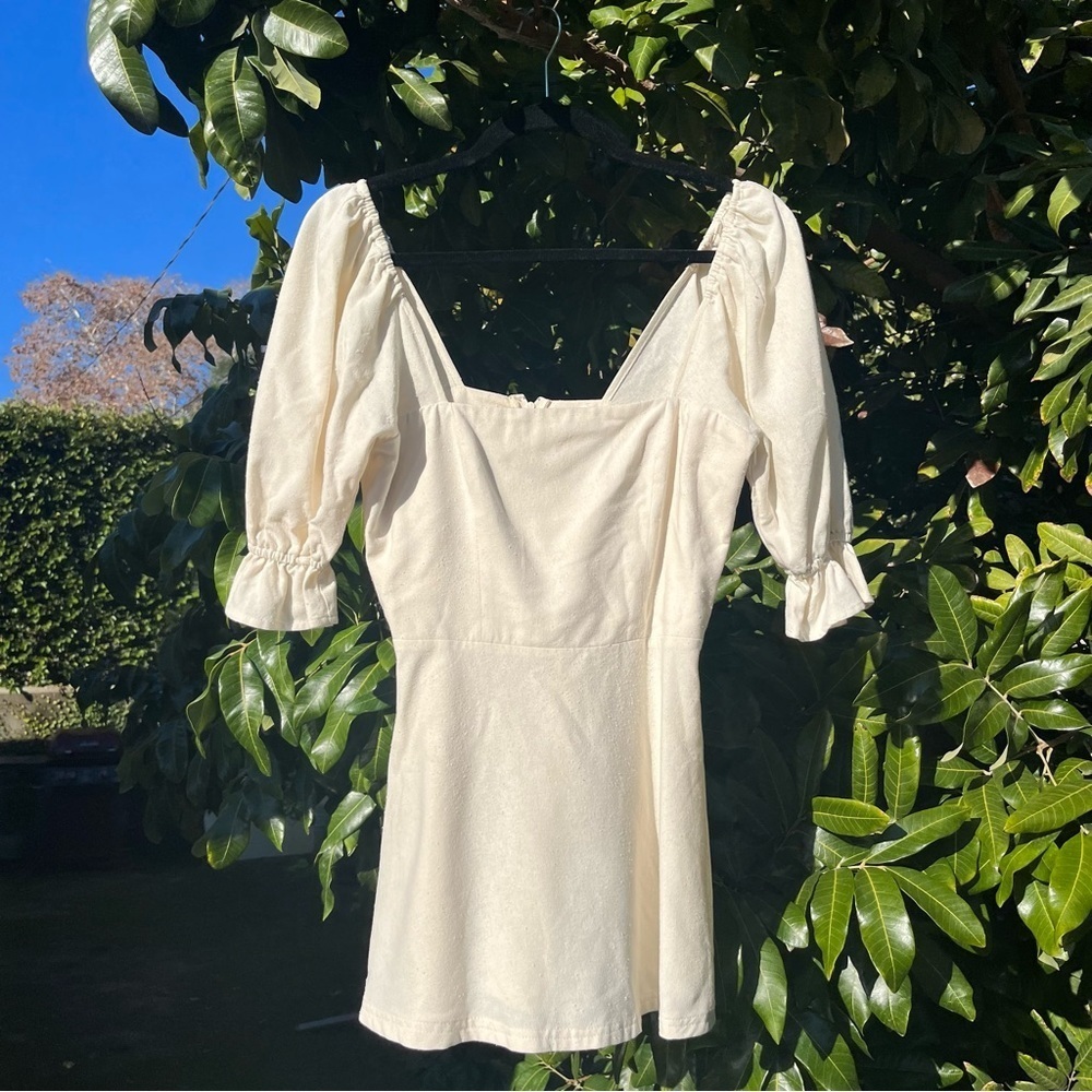 Whimsy + Row ivory cream puff sleeve ruffle mini dress‎